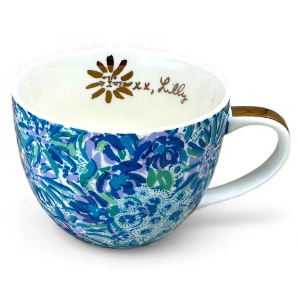 LILLY PULITZER high maintenance ceramic mug blue floral gold handle 12 oz